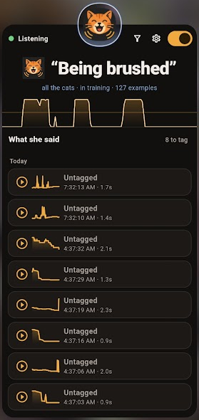 Meow Catch listening: the reading "Being brushed" with 127 examples behind it, a live pitch trace, and today's catches listed below waiting to be tagged.
